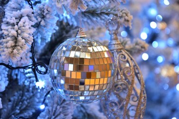 Christmas tree branch with snow and blue shiny decoration, selective focus. New year tree with...