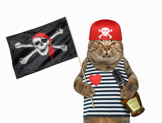 A cat in a red bandana and a striped sailor t-shirt is holding a bottle of rum and a pirate flag. White background. Isolated.