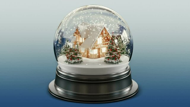 The Snow Globe with beautiful house model and Christmas tree inside it. 3d rendering animation of falling snow.