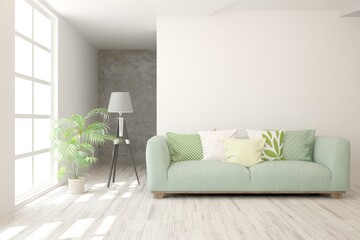 White living room with sofa. Scandinavian interior design. 3D illustration