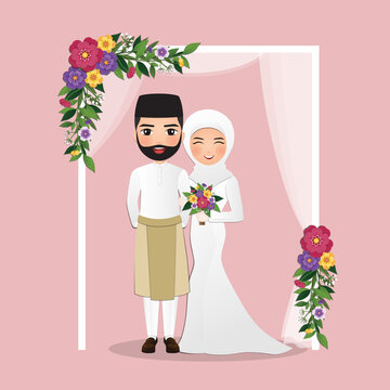  Wedding invitation card the bride and groom cute malaysian couple cartoon under the archway decorated with flowers 