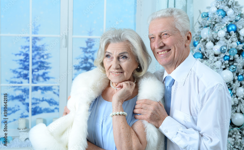 Poster Happy senior couple on Christmas at home