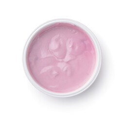 Top view of cherry yogurt in plastic cup