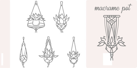 Macrame hangers for plants growing in pots. Bundle of silhouette hanging planters, handmade home decorations isolated on white background. Set of outline vector Scandinavian hanging planters 