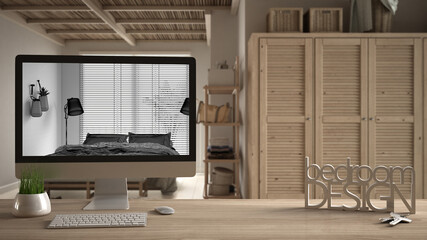 Architect designer project concept, wooden table with keys, letters bedroom design and desktop showing blueprint CAD sketch, blurred draft in the background, wooden interior design