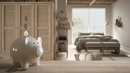 Wooden table top or shelf with white piggy bank with coins, peaceful bedroom with bed, ceramic tiles, expensive home interior design, renovation restructuring concept architecture