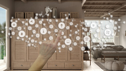 Glowing smart home interface, geometric background, connected line and dots showing internet of things system, hand pointing icons over bedroom interior with wardrobe, home automation