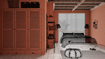 Home renovation, house development concept background, interior design under construction, custom architecture design project, black ink sketch, blueprint showing modern cosy bedroom