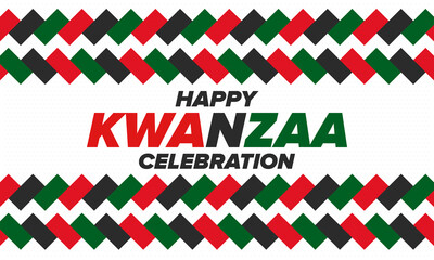 Kwanzaa Happy Celebration. African and African-American culture holiday. Seven days festival, celebrate annual from December 26 to January 1. Black history. Poster, card, banner and background. Vector