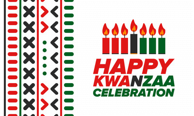 Kwanzaa Happy Celebration. African and African-American culture holiday. Seven days festival, celebrate annual from December 26 to January 1. Black history. Poster, card, banner and background. Vector