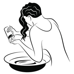 A woman washes her hair on her own with shampoo in a bowl. Vector illustration.