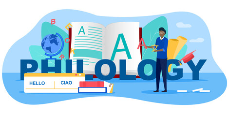 Philology abstract concept. Professional scientist philologist studying a language structure. Flat cartoon vector illustration with fictional character. Website, webpage or landing page template.