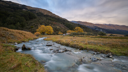 River flowing in Autumn. Rees Valley, South Island, New Zealand.