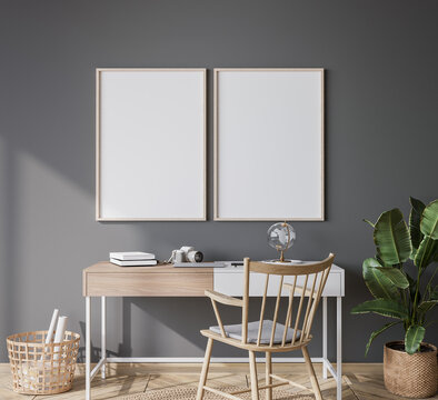 mock up frame in bright farmhouse interior background, white wooden office on dark gray wall, 3d render	
