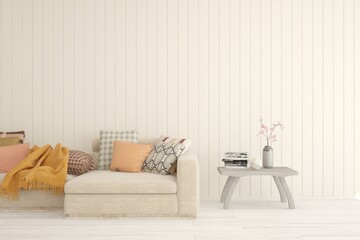 White living room with sofa. Scandinavian interior design. 3D illustration