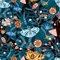 Seamless vector pattern with decorative colorful insects green bugs, worms and butterflies