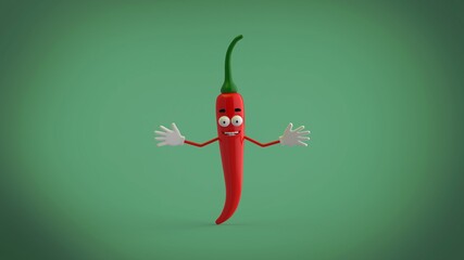 Cartoon red hot chili pepper character in green background 3D render illustration