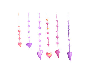 Watercolor hearts decoration isolated on white background. Beads, curtains for Valentine's day