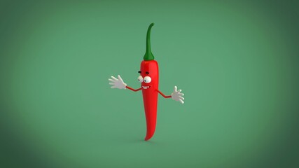Cartoon red hot chili pepper character in green background 3D render illustration