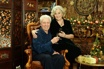 Happy senior couple with champagne on Christmas at home
