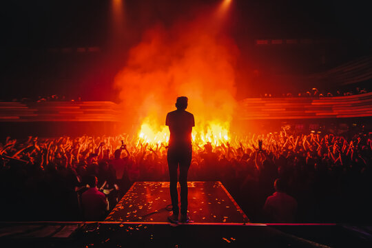 Band On Stage. Music Show. Bright Scene Lighting In The Club. Fans Burn Red Flares At A Rock Concert. View From The Stage To The Vocalist. Russian Punk Rock Band.