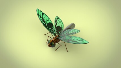 Steampunk green cooper and glass butterfly 3d model rendering illustration on green background
