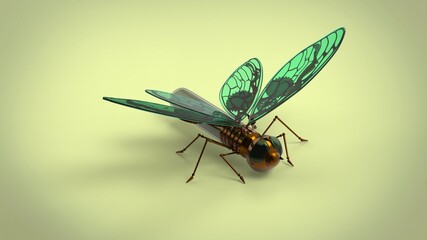 Steampunk green cooper and glass butterfly 3d model rendering illustration on green background