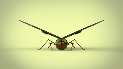 Steampunk green cooper and glass butterfly 3d model rendering illustration on green background