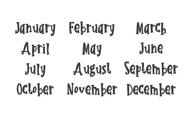 Obraz premium Handwritten names of months: December, January, February, March, April, May, June, July, August, September, October, November. Calligraphy words for calendars and organizers.