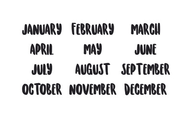 Obraz premium Handwritten names of months: December, January, February, March, April, May, June, July, August, September, October, November. Calligraphy words for calendars and organizers.
