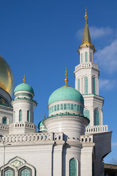 Golden Minaret Moscow Cathedral Mosque and blue domes