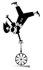 Funny clown balances on the unicycle illustration. Cartoon smiling clown balances legs up on unicycle black on white  © bigmen