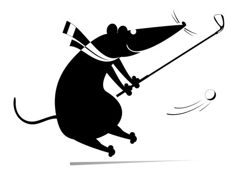 Cartoon rat or mouse plays golf illustration. Funny rat or mouse tries to do a good kick black on white 
