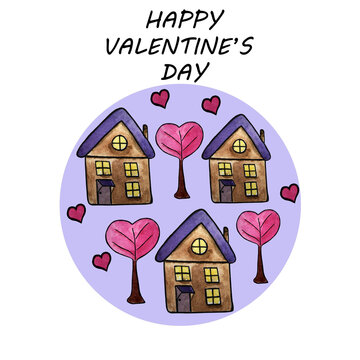 Watercolor illustration of stylish valentine's day greeting card template with lettering, purple round frame with houses, trees in the form of hearts.