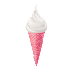 Soft Ice Cream in Pink Waffle Cone. Street Fast Food, Sweet Milky Dessert Creative illustration Isolated on White