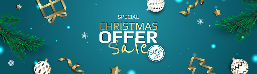 Naklejka premium Christmas banner. Background Xmas objects viewed from above. BackgroundMerry Christmas and happy New Year