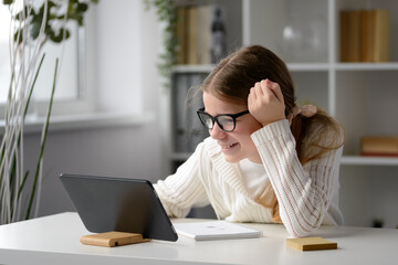 girl student online learning class study online video call zoom teacher, Happy girl learn english language online with laptop at home