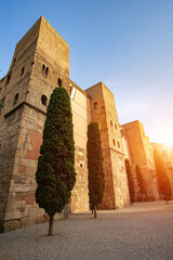 Poble Espanyol - traditional gothic architectures in Barcelona, Spain. Sunset over historic center of Barcelona