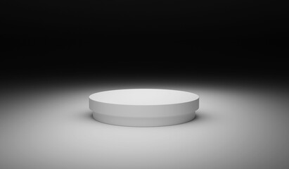 Simple cylinder podium platform for product presentation. Black and white 3D render illustration.