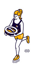 Isometric icon of woman with round medal for first place, competition winner,