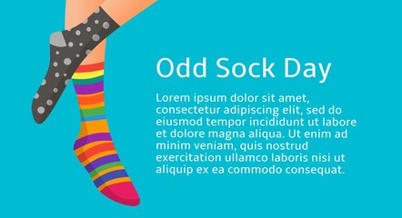 Vector illustration, Foot of girl wearing weird socks to go to school, as an Odd Sock Day concept.