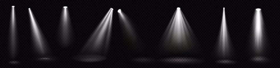 Gordijnen Stage lights, white spotlight beams, glowing design elements for studio or theater interior scene, lamps rays for concert, show, presentation isolated on black background Realistic 3d vector icons set © klyaksun