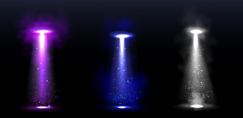 Ufo light beams, glowing rays from alien spaceships. Vector realistic set of spotlight effect of flying saucer illuminated fog and particles. Spacecraft glow beams at night © klyaksun