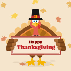 Naklejka premium Pilgrim Turkey Bird Cartoon Mascot Character Holding A Sign. Vector Illustration Flat Design Isolated On White Background