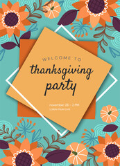Fototapeta premium Happy Thanksgiving Day. Invitation card, greeting card, banner, postcard, poster, template. Autumn holiday event. Cartoon floral vector illustration background