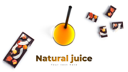 Orange juice and raw chocolate sweets with nuts and fruits. Long header banner format. Panorama...