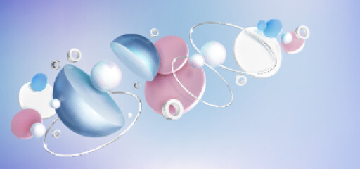 Abstract background with 3d geometric shapes on blue backdrop, pearl hemispheres, pink and white cylinders or circles with silver rings, Realistic vector banner for presentation or ads promotion © klyaksun