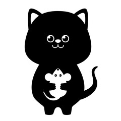 Black silhouette of a cat hugging a mouse isolated on a white background. Flat design for poster or t-shirt. Vector illustration