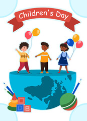 Concept of Happy Childrens Day. Global international holiday. Multiracial little girl and boys holding colorful balloons. Cartoon flat vector illustration with fictional characters