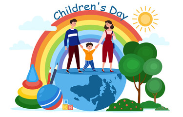 Concept of Happy Childrens Day. Global international holiday. Young family of mother, father and little son. Cartoon flat vector illustration with fictional characters